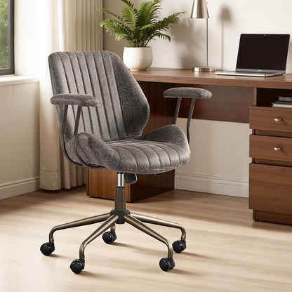 ovios Home Office Chair, Mid-Century Modern Faux Suede Leather Ergonomic Chairs, Mid Back Comfy Computer Swivel Rolling Task Executive Armchair, Grey