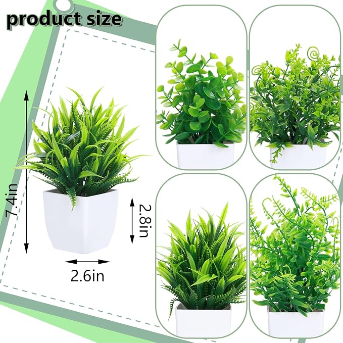 GREENTIME 4 Pcs Fake Plants Potted Small Artificial Plant Indoor Faux Greenery in White Pot for Home Office Bedroom Desk Bathroom Shelf Farmhouse Decorations