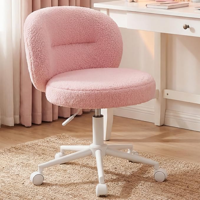 Homkdom Plush Vanity Chair with Wheels, Soft Comfy Makeup Chair with Rounded Back, Height Adjustable, 360° Swivel for Bedroom & Beauty Spaces