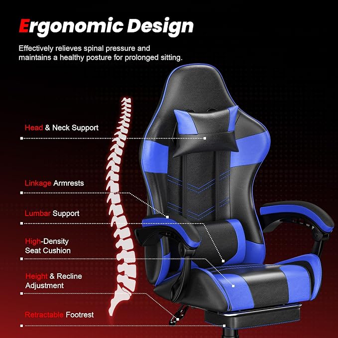 Gaming Chair with Footrest, Ergonomic Video Game Chair with Headrest and Lumbar Support, 400 lbs Adult Chair, Height Adjustable 360° Swivel High Back Reclining Computer Chair for Home Office (Blue)