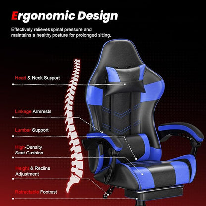 Gaming Chair with Footrest, Ergonomic Video Game Chair with Headrest and Lumbar Support, 400 lbs Adult Chair, Height Adjustable 360° Swivel High Back Reclining Computer Chair for Home Office (Blue)