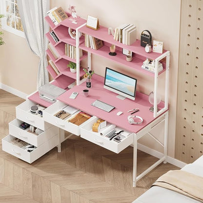 YOMILUVE Reversible Computer Desk with Hutch, Home Office Desk with 5 Drawers and Bookshelf, 52'' Study Writing Desk with Storage Shelves for Bedroom Home Office, Pink