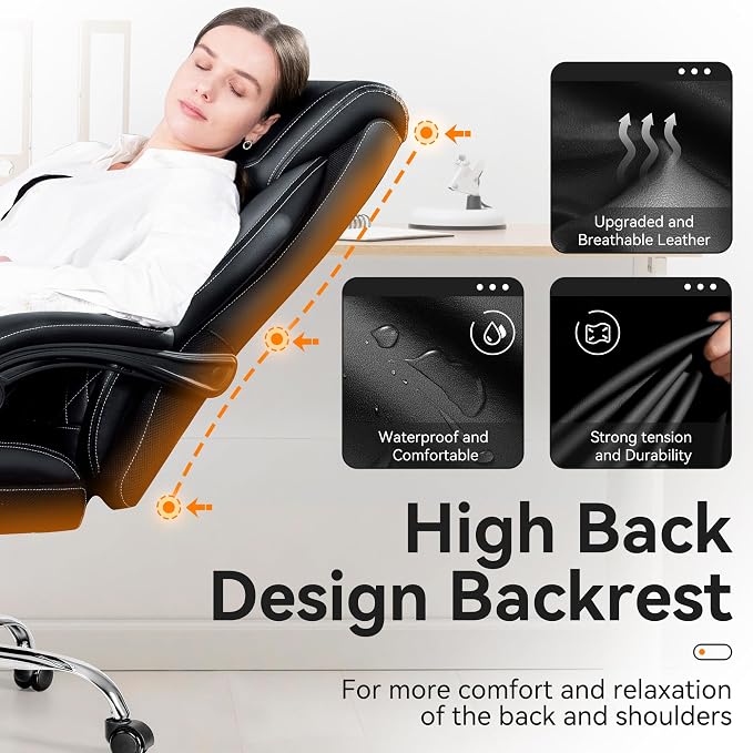 Office Chair, Executive Leather Chair Adjustable High Back, Ergonomic Computer Desk Chair Lumbar Support, Big and Tall Office Chair with Footrest, Comfy Reclining Chair for Home Office