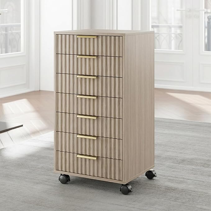 7 Drawer File Cabinet with Wheels for Home Office, Light Walnut | Fluted 7 Drawer Chest, Wood File Cabinet with Lockable Wheels, Anti-Tip Design