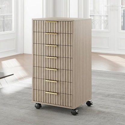 7 Drawer File Cabinet with Wheels for Home Office, Light Walnut | Fluted 7 Drawer Chest, Wood File Cabinet with Lockable Wheels, Anti-Tip Design