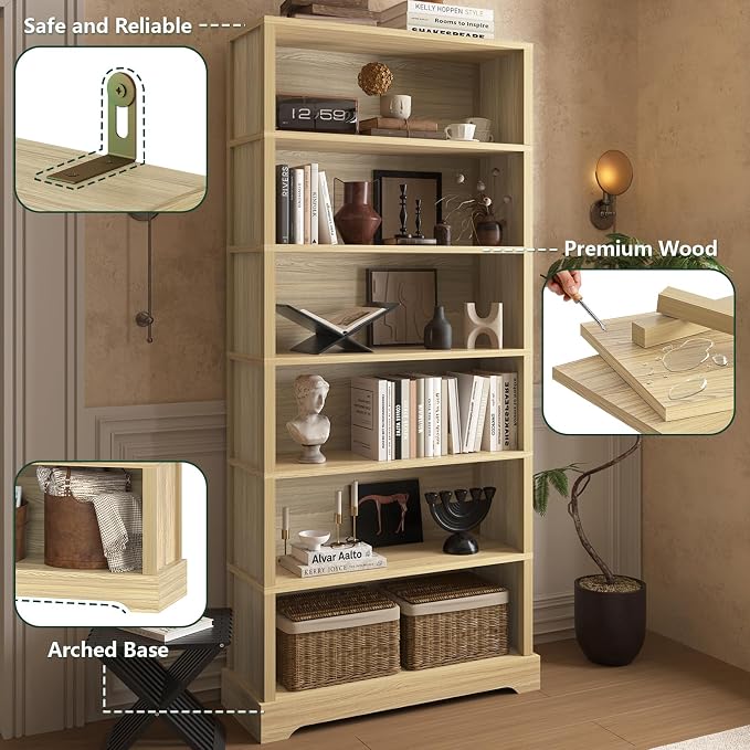 TVU 6-Tier Wooden Bookshelf, 77.2" Tall Farmhouse Style Open Bookcase, 31.5" W Standing Book Shelf with Storage, Suitable for Study, Living Room, Office, Natural Wood Color