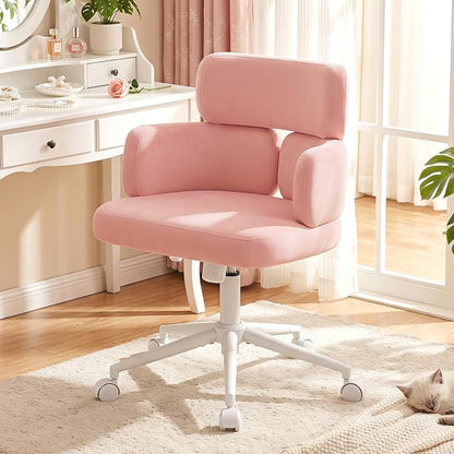 Home Office Chair, Pink Desk Chair with Unique Curved Back and Wide Seat, Swivel Tilt Height Adjustable Computer Chair with Wheels, Plush Velvet Fabric for Vanity, Metal Base