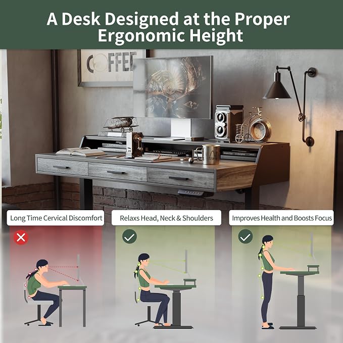 CubiCubi Standing Desk 55x26 Inches with 3 Wood Drawers and Monitor Shelf, Ergonomic Rising Home Office Desks, Height Adjustable Computer Desk, Sit Stand Up Electric Workstation Table, Antique Grey