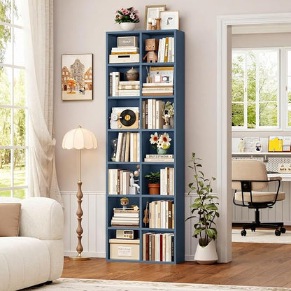 FOTOSOK 71'' Tall Bookshelf Set of 2, 7 Tier Large Bookshelf with Adjustable Shelves, Wide Bookcases and Bookshelf, DVD/CD Media Tower Storage, Cube Book Shelf Display Storage Cabinet, Blue