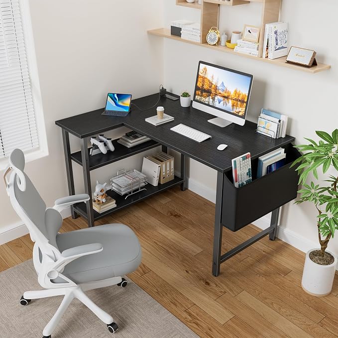 Lufeiya Small L Shaped Desk with Power Outlet Shelves, 40 Inch Corner Computer Desk for Small Space Home Office, L-Shaped Gaming Desk PC Desks with Charging Station, Black