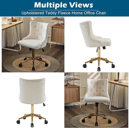 VINGLI White Teddy Fleece Armless Office Desk Chair with Gold Base/Wheels, Cute Vanity/Makeup Chair with Back for Bedroom, Upholstered Adjustable Rolling Swivel Nail Chair for Women/Girls