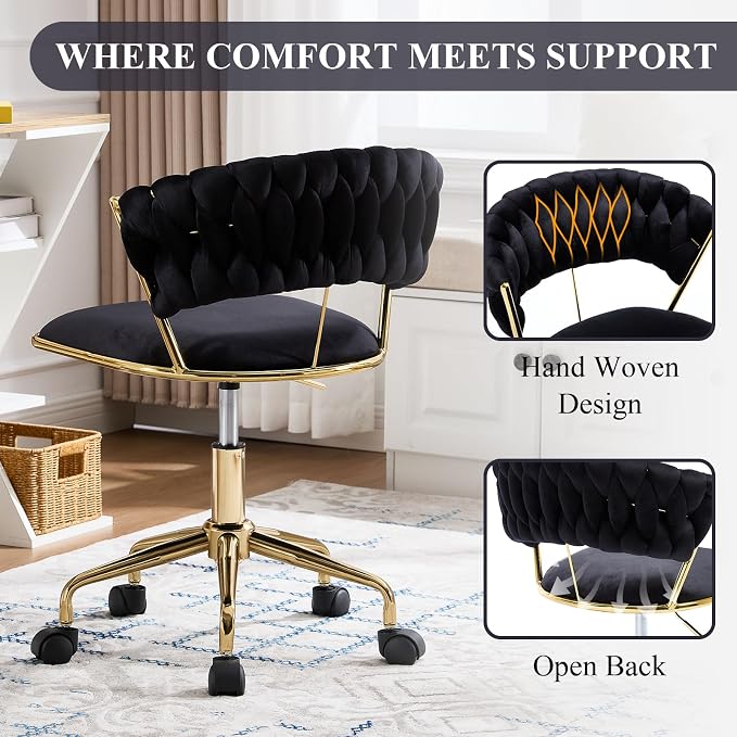 NIOIIKIT Home Office Chair, Velvet Upholstered Task Chair with Woven Open Back, 360° Swivel Desk Chair with Wheels, Adjustable Vanity Chair, Computer Chair for Office, Studio (Black)