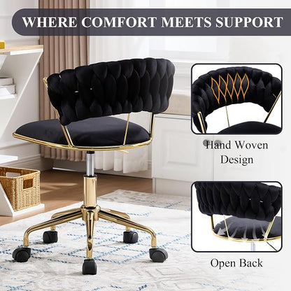 NIOIIKIT Home Office Chair, Velvet Upholstered Task Chair with Woven Open Back, 360° Swivel Desk Chair with Wheels, Adjustable Vanity Chair, Computer Chair for Office, Studio (Black)