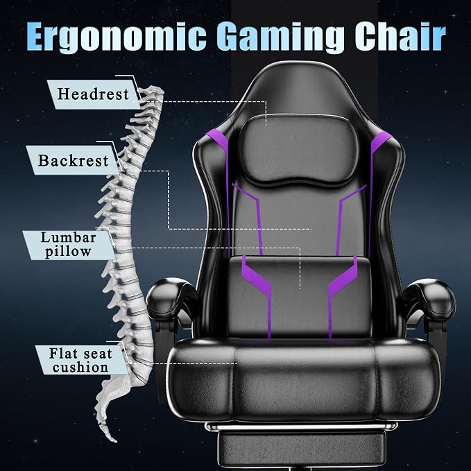 Gaming Chair, Computer Chair with Footrest and Lumbar Support, Ergonomic Video Game Chair with Headrest, Height Adjustable Gamer Chair Office Desk Chair, Purple