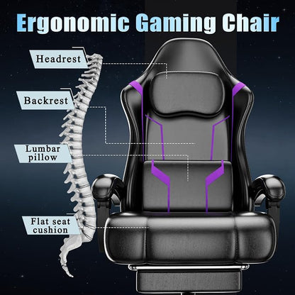 Gaming Chair, Computer Chair with Footrest and Lumbar Support, Ergonomic Video Game Chair with Headrest, Height Adjustable Gamer Chair Office Desk Chair, Purple