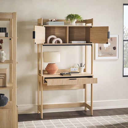 Walker Edison Modern Transitional Interior Design Reeded Desk with Hutch and Drawers, Built-in Tech, Desk with Cord Management, Storage for Small Living Spaces, 38”W x 19”D x 70”H, Coastal Oak