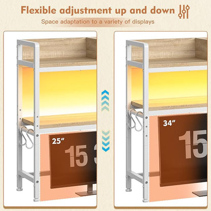 REIBII 35.5" Desk Shelf with LED Lights and Hooks,2-Tier Adjustable Multipurpose Solid Wood Desk Hutch Dorm,Desktop Organizer Rack with 3 Display Rack for Dorm,Office Home,White
