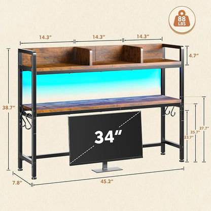 REIBII 45.2" Desk Shelf with LED Lights and Hooks,2-Tier Adjustable Multipurpose Solid Wood Desk Hutch Dorm,Desktop Organizer Rack with 3 Display Rack for Dorm,Office Home,Rustic Brown