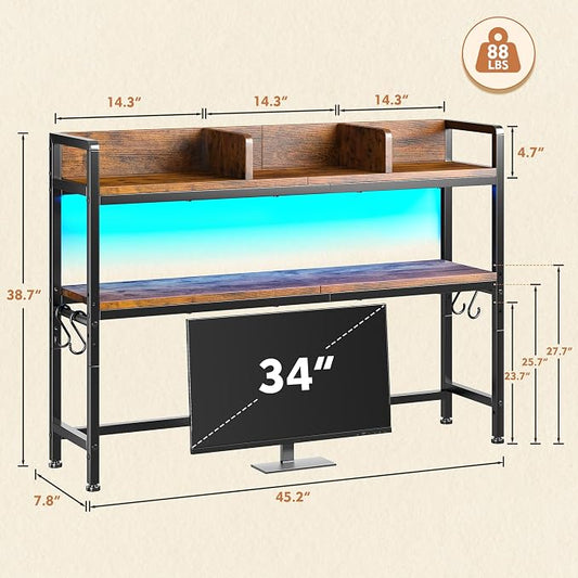REIBII 45.2" Desk Shelf with LED Lights and Hooks,2-Tier Adjustable Multipurpose Solid Wood Desk Hutch Dorm,Desktop Organizer Rack with 3 Display Rack for Dorm,Office Home,Rustic Brown