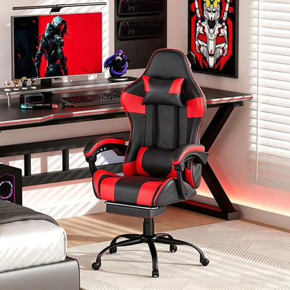 Gaming Chair with Footrest, Ergonomic Video Game Chair with Headrest and Lumbar Support, 400 lbs Adult Chair, Height Adjustable 360° Swivel High Back Reclining Computer Chair for Home Office (Red)