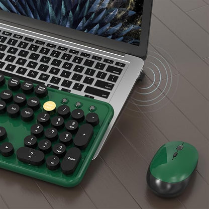 MPTOG Colorful Wireless Computer Keyboard and Mouse Combo with Round Typewriter Keycaps, Retro Design, Power Switch, Ergonomic Design, 2.4GHz Wireless for Windows, Mac, PC(Dark Green)