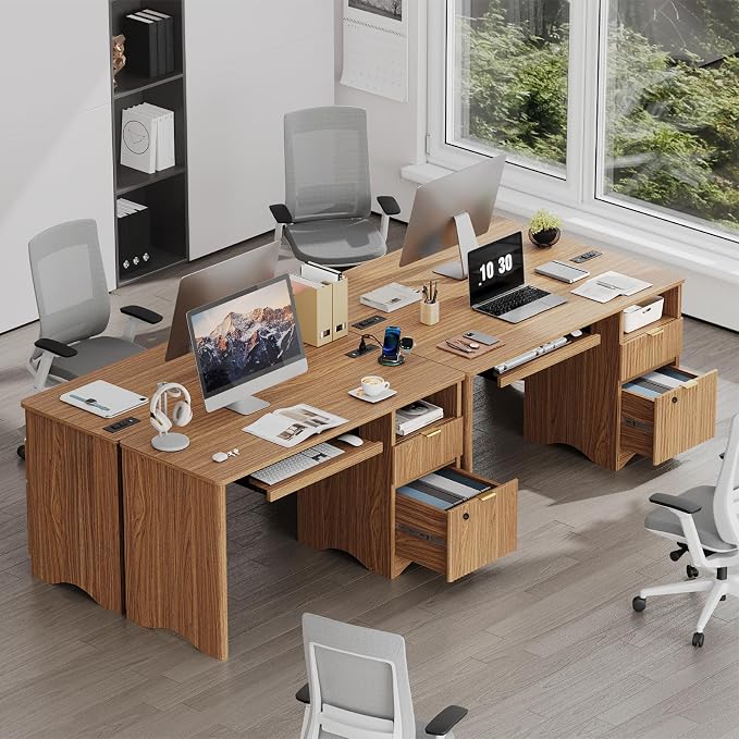 Bestier 55 Inch Wood Computer Desk with Fingerprint Lockable Drawers and Keyboard Tray,Modern Home Office Desk with File Drawer & Charging Station, Oak Wooden Desk for Work, Brown