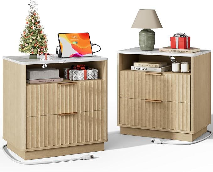 Fluted Nightstand, Night Stand Set 2, 23" Wide Nightstands Set of 2 with Charging Station & Faux Marble Top, 2 Drawer Large End Table w/Storage, Modern Bedside Table for Bedroom,Natural Oak