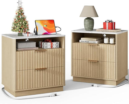 Fluted Nightstand, Night Stand Set 2, 23" Wide Nightstands Set of 2 with Charging Station & Faux Marble Top, 2 Drawer Large End Table w/Storage, Modern Bedside Table for Bedroom,Natural Oak