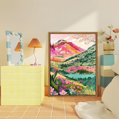 Floating Framed Large Boho Colorful Mountain Wall Art Set of 3, Abstract Watercolor Landscape Flower Wall Decor Paintings, Modern Nature Sunset Forest Posters Prints for Living Room 16x24 Inch