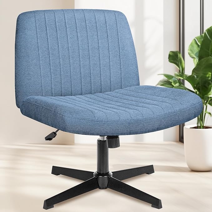 NEO Chair Criss Cross Chair No Wheels, Armless Cross Legged Office Desk Chair, Vanity Makeup Fabric Computer Comfy Adjustable Swivel Ergonomic Living Bedroom for Home Office (Fabric Blue)