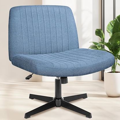 NEO Chair Criss Cross Chair No Wheels, Armless Cross Legged Office Desk Chair, Vanity Makeup Fabric Computer Comfy Adjustable Swivel Ergonomic Living Bedroom for Home Office (Fabric Blue)