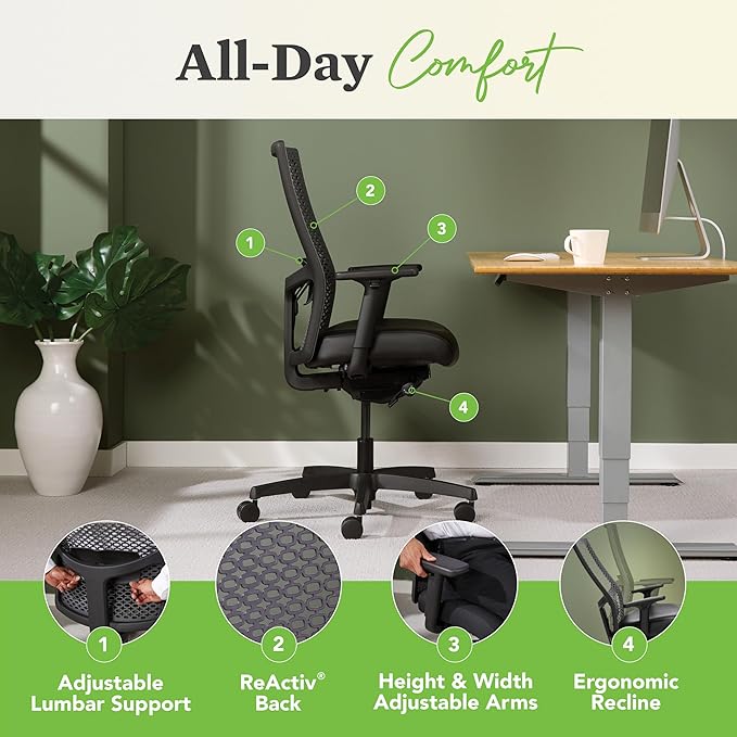 HON Ignition 2.0 ReActiv Ergonomic Office Chair, Mesh Desk Chair with Lumbar Support, Advanced Synchro‑Tilt, Height and Width Adjustable Arms, Swivel Wheels, Black Frame, Black