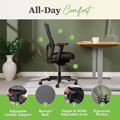 HON Ignition 2.0 ReActiv Ergonomic Office Chair, Mesh Desk Chair with Lumbar Support, Advanced Synchro‑Tilt, Height and Width Adjustable Arms, Swivel Wheels, Black Frame, Black