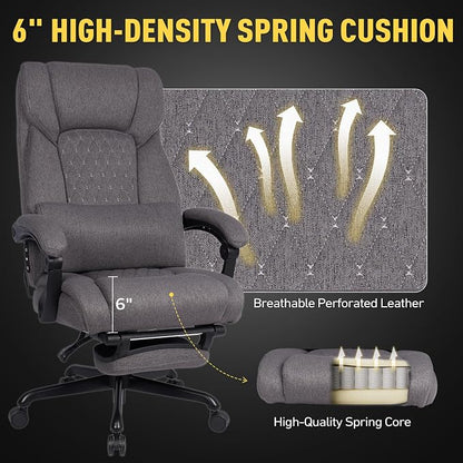 3D Kneading Massage Office Chair with Heat, 500 lbs Big and Tall Executive Computer Desk Recliner, Leather Electric Heated Office Chairs with Massage & Footrest, Gery