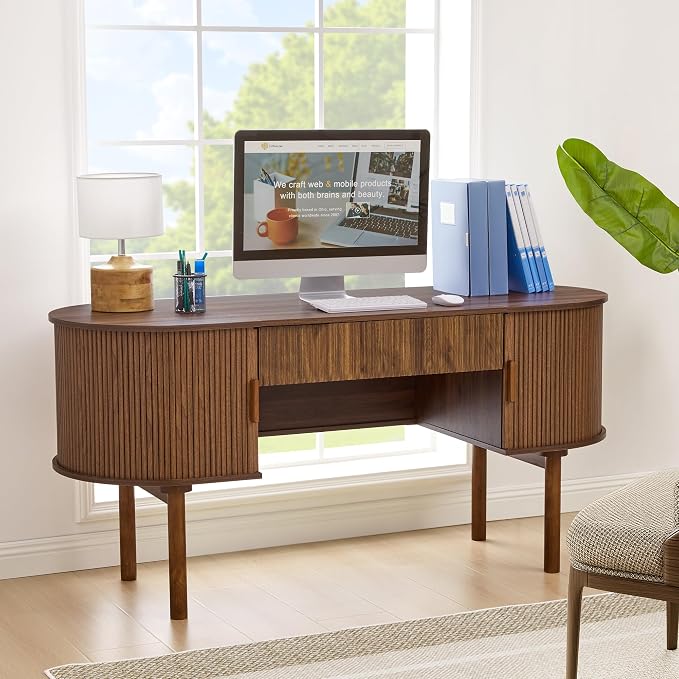 Executive Office Desk with Storage, 63 Inch Large Computer Workstation Desk with Drawer and File Cabinets, Mid Century Modern Fluted Wood Writing Desk for Home Office, Study Room, Living Room, Walnut