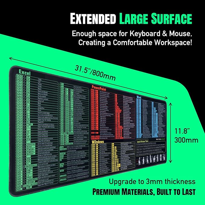 Windows, Word, Excel & PowerPoint Cheat Sheet Desk Pad, Large Mouse Pad, Keyboard Shortcut Desk Mat, Large Matt Desktop for Office Supplies(Win+Office)