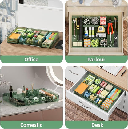 Marbrasse Expandable Desk Drawer Organizer, Clear Plastic Drawer Organizer Tray with 10 Adjustable Compartments, Desk Organizers and Accessories, 5 Drawer Dividers for Office Supplies(Clear Green)