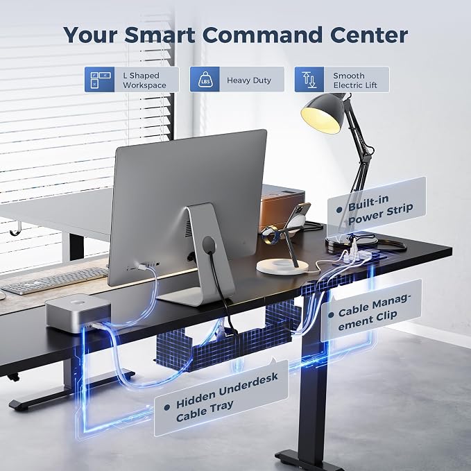 Klicelor L Shaped Standing Desk 63 x 55 Inch,Electric Height Adjustable Corner Desk with Cable Management & Power Outlets, Ergonomic Sit Stand Up Computer Table for Home Office,Black