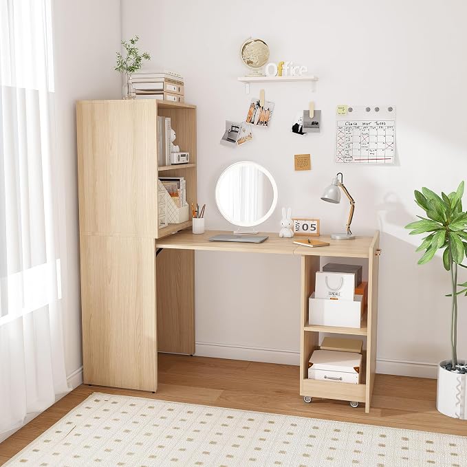 Montary Expandable and Foldable Desk, Mobile Office Desk with Storage Shelves & Wheels, Compact Computer Desk for Small Space, Reversible L Shaped Desk (Natural)