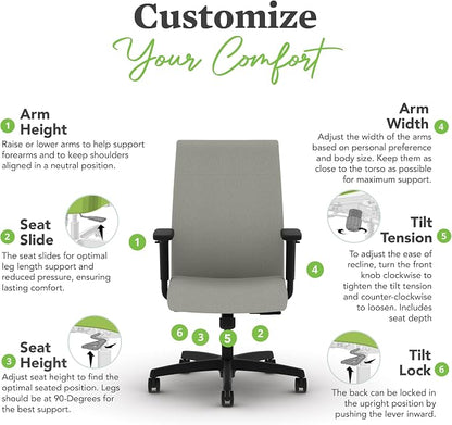 HON Ignition 2.0 Ergonomic Office Chair with Adjustable Arms, Standard Synchro‑Tilt Recline, Upholstered Desk and Computer Chair for Home Office or Workstation, Black Frame, Fog