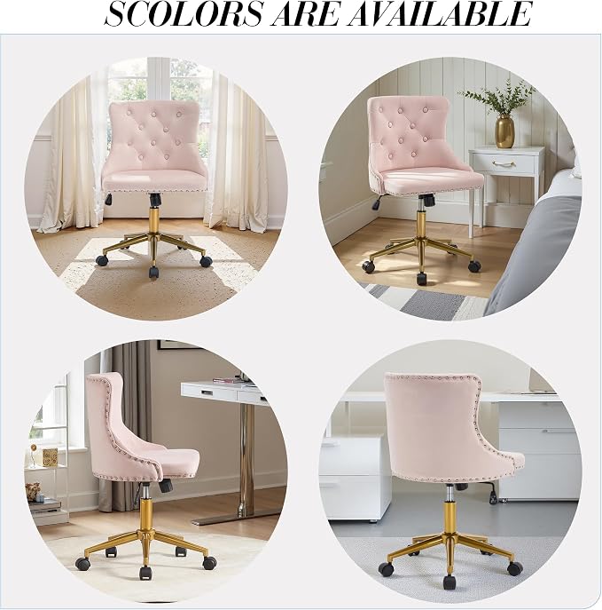 Velvet Armless Home Office Desk Chair, Swivel Height-Adjustable Small Cute Vanity Chair for Women/Girls, Comfy Makeup Chair with Rivet and Gold Base for Living Room, Bedroom(Light Pink)