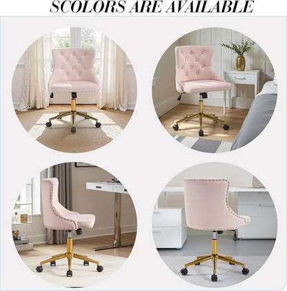 Velvet Armless Home Office Desk Chair, Swivel Height-Adjustable Small Cute Vanity Chair for Women/Girls, Comfy Makeup Chair with Rivet and Gold Base for Living Room, Bedroom(Light Pink)