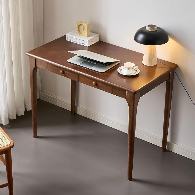 47" Walnut Solid Wood Desk with Drawers,Mid Century Modern Natural Real Wood Writing Desk,Home Bedroom Small Spaces Computer Office Workstation Desks