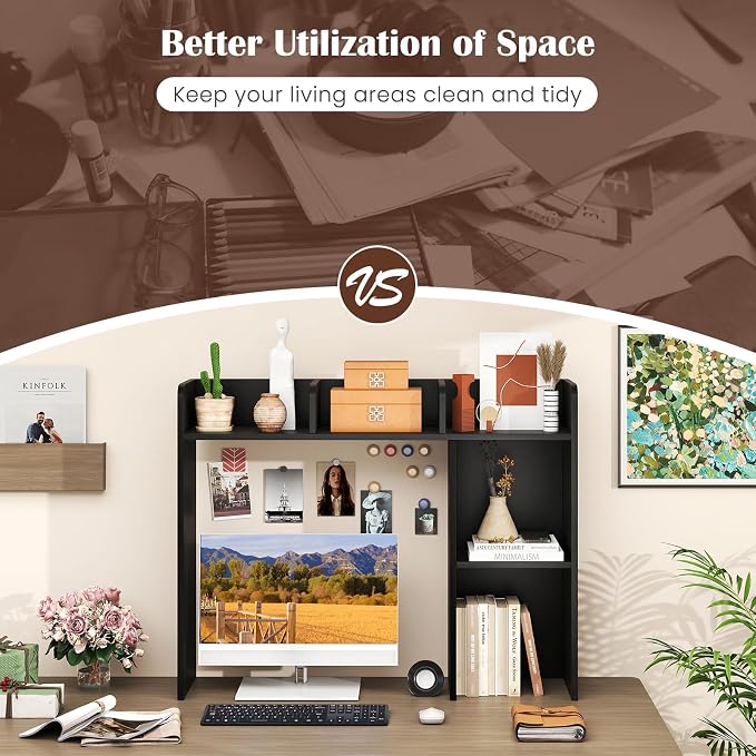 LDAILY Desktop Shelf, Multipurpose Wood Desk Hutch for Max 27" Computer Monitor, Countertop Storage Hutch with 5 Shelves, 3 Tier Desktop Display Rack for Dorm Office Home(Black)