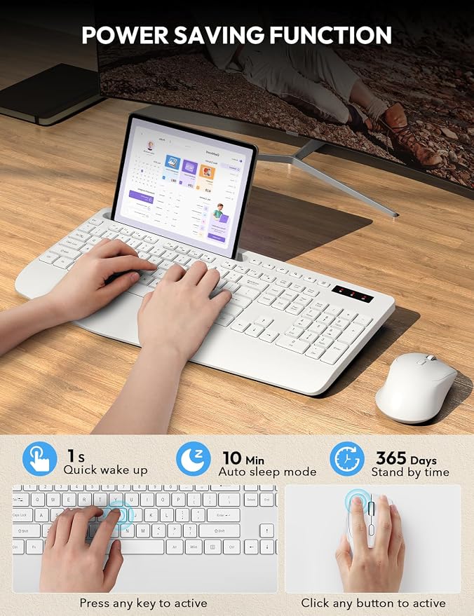 Wireless Keyboard and Mouse Combo - Full Size Ergonomic Wrist Rest, Silent Typing, Phone Holder, 2.4 GHz, 3 Level DPI, Batteries Powered, KM23D Set Compatible with PC, Laptop, Windows, macOS -SABLUTE