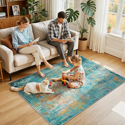 RELEANY Washable Area Rugs 4'x6' Non-Slip Modern Abstract Soft for Living Room Entryway Bedroom Kitchen, Print Pattern, Teal Blue Green Orange Rust Red Coloreful