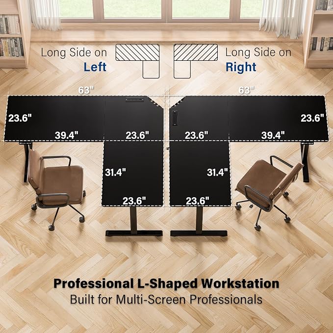 63 x 55 inch L-Shaped Standing Desk, Corner Computer Desk, Electric Standing Desk Adjustable Height, Sit to Stand Ergonomic Workstation for Home Office, Black