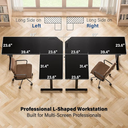 63 x 55 inch L-Shaped Standing Desk, Corner Computer Desk, Electric Standing Desk Adjustable Height, Sit to Stand Ergonomic Workstation for Home Office, Black