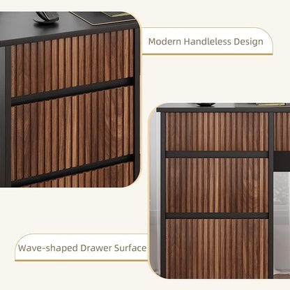 4 EVER WINNER Computer Desk with Drawers, 48 Inch Fluted Small Desk with Storage for Small Spaces, Wood Home Office Desk for Study, Living Room, Bedroom, Black