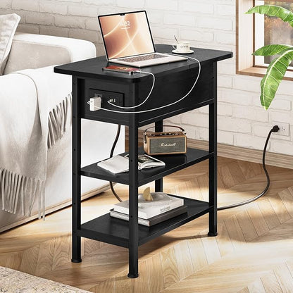 GRUSIGN End Table with Charging Station, Flip Top Side Table with USB Ports and Outlets, 3-Tier Small Side Table with Storage for Small Space, End Tables for Living Room/Bedroom, Black